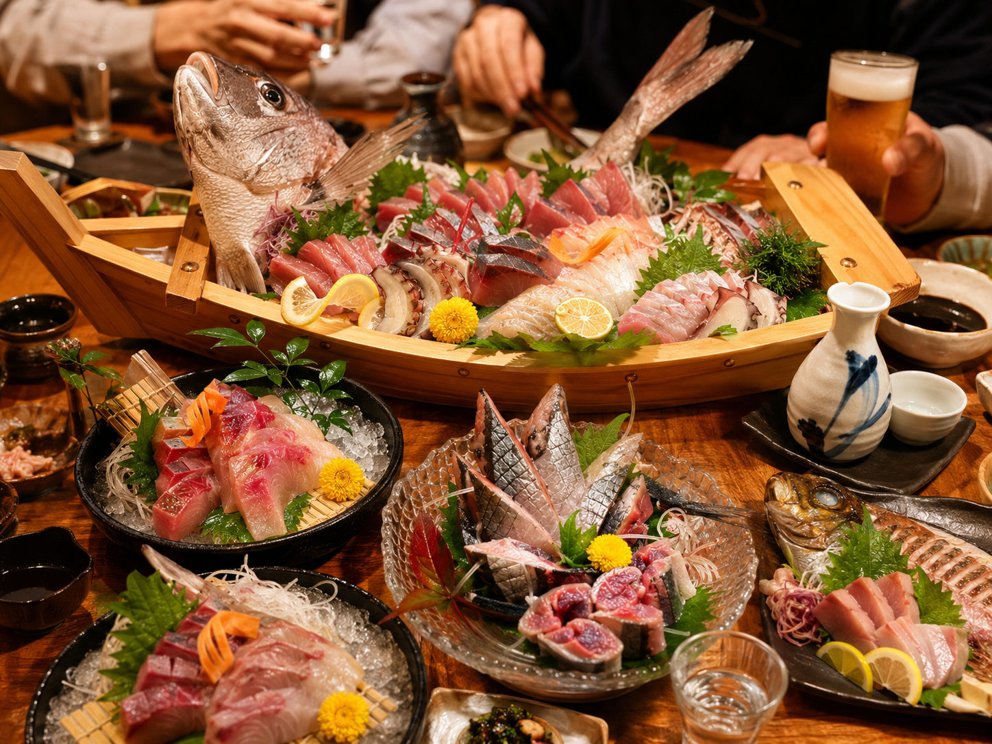 船盛りと料理が並ぶ打ち上げの席