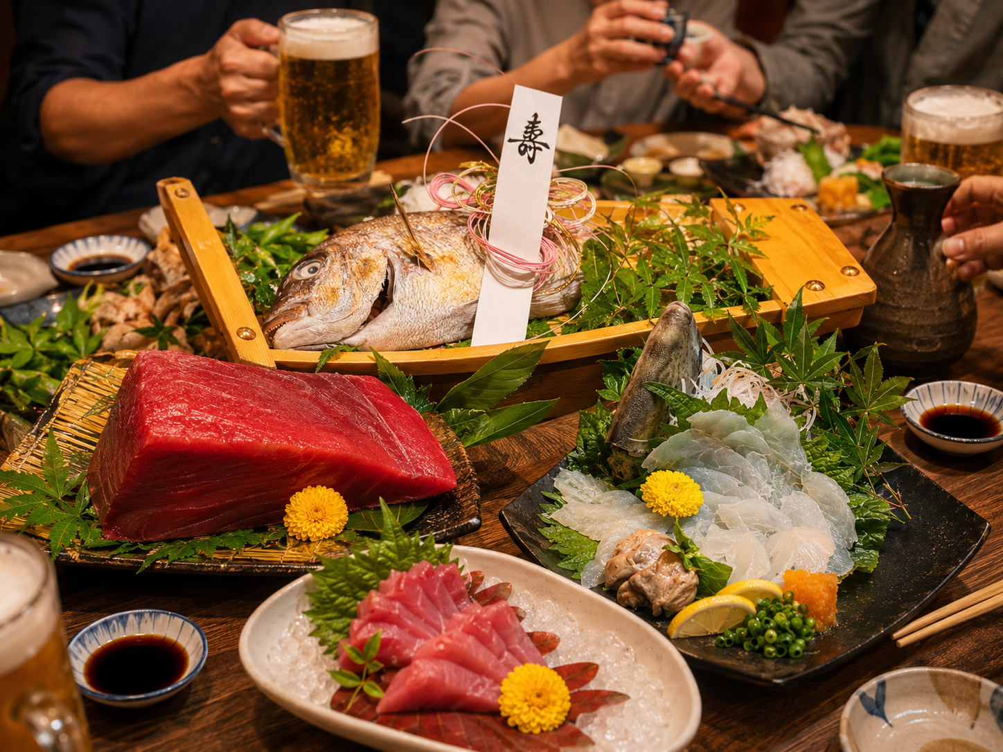 刺身と酒を楽しむ職場の会食